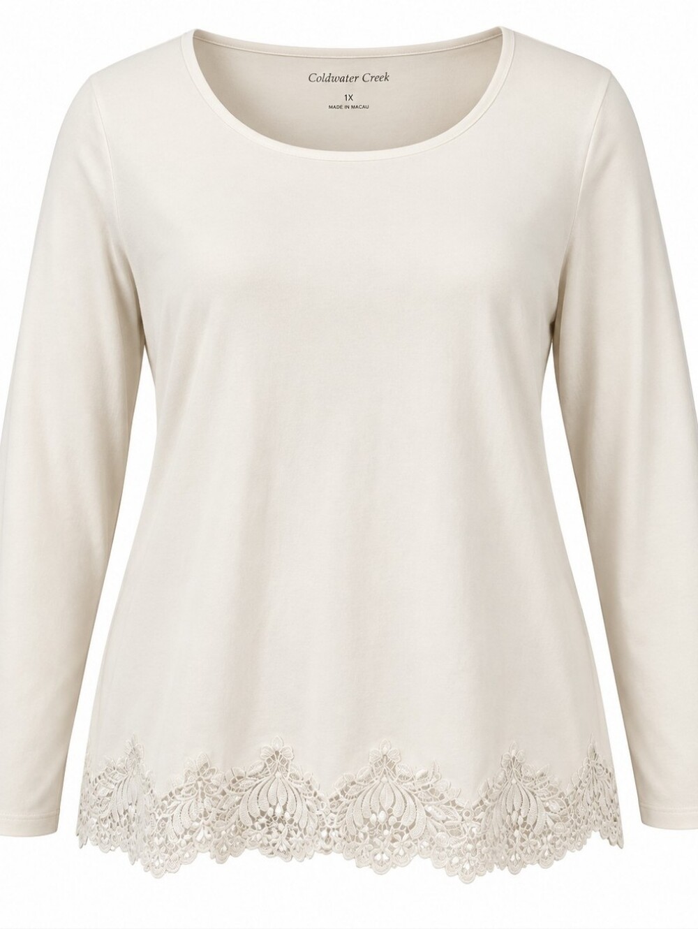 COLDWATER CREEK | Minimalist Neutral Ivory Lace Hem Basic Cotton Tee Top | 1X